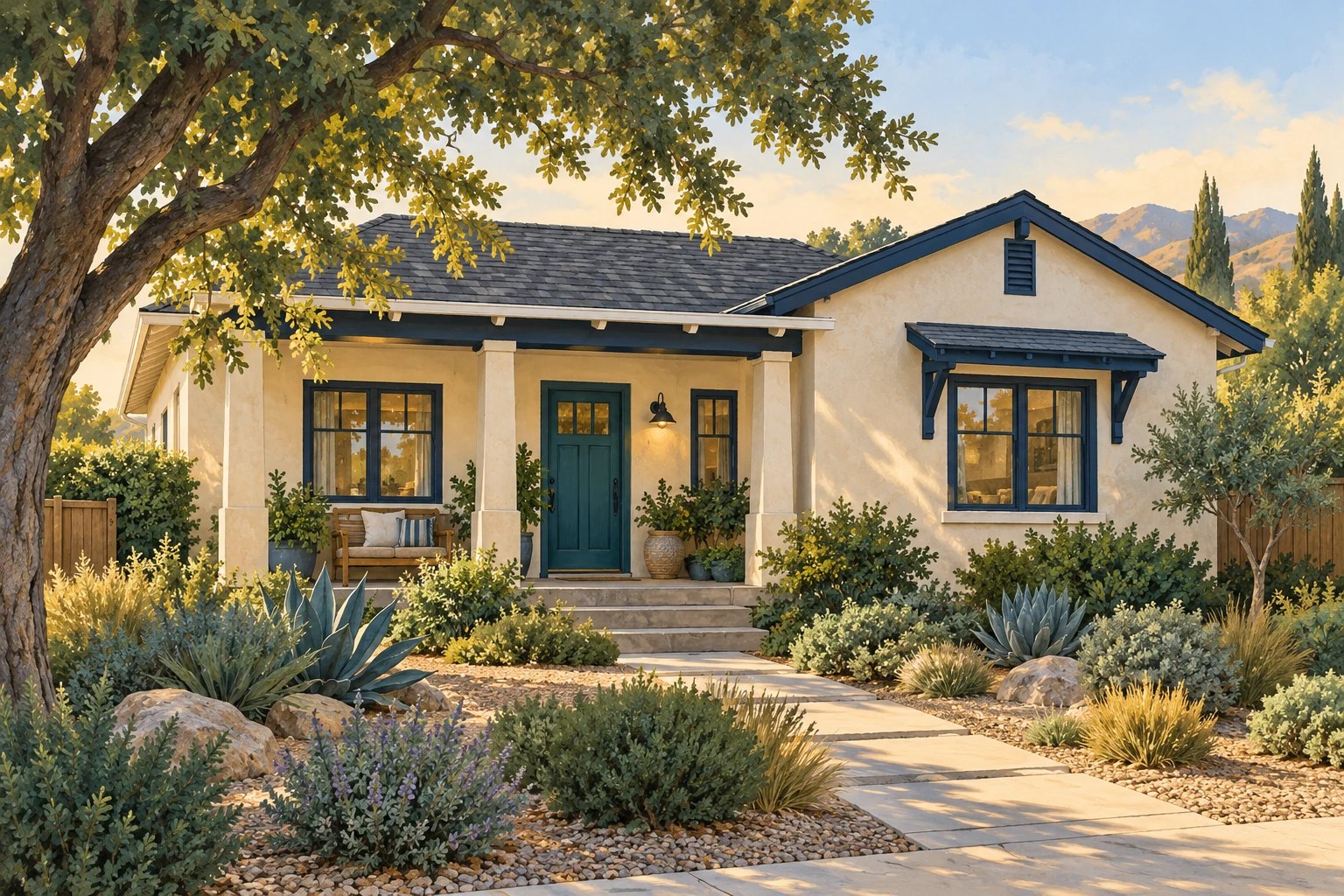 Illustration of a fictional Central Valley home with a shaded porch and mature tree