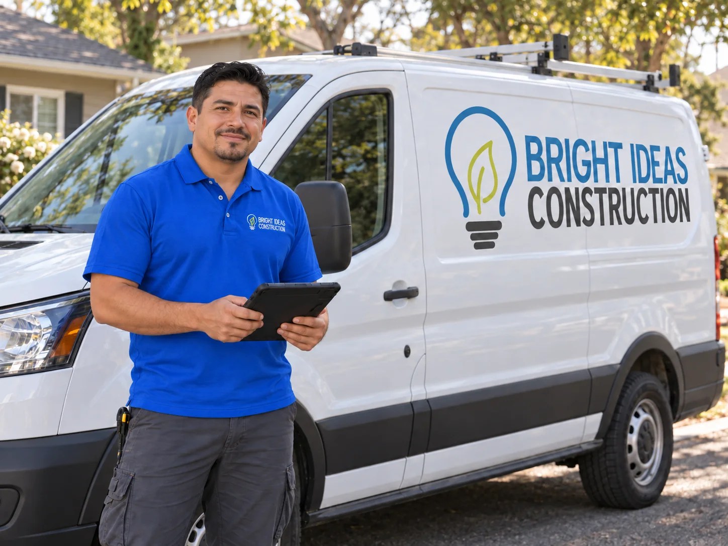 Illustration of a technician holding a tablet beside a Bright Ideas-branded service van.