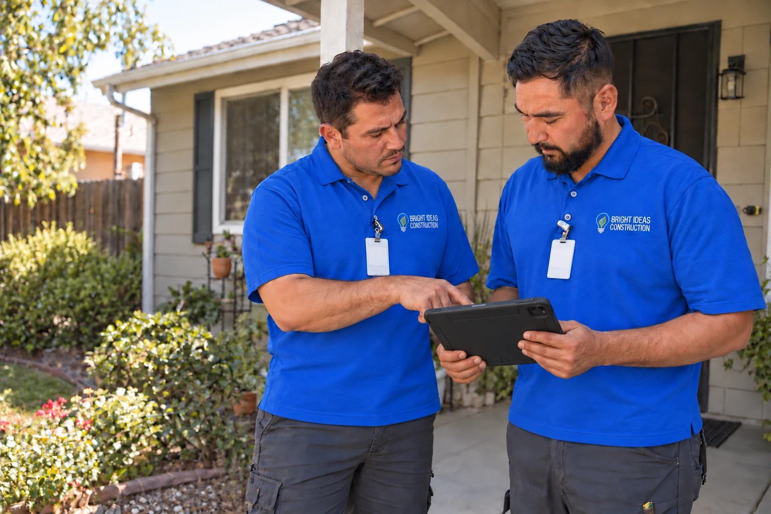 Illustration of two fictional crew members in blue Bright Ideas shirts reviewing a tablet outside a home
