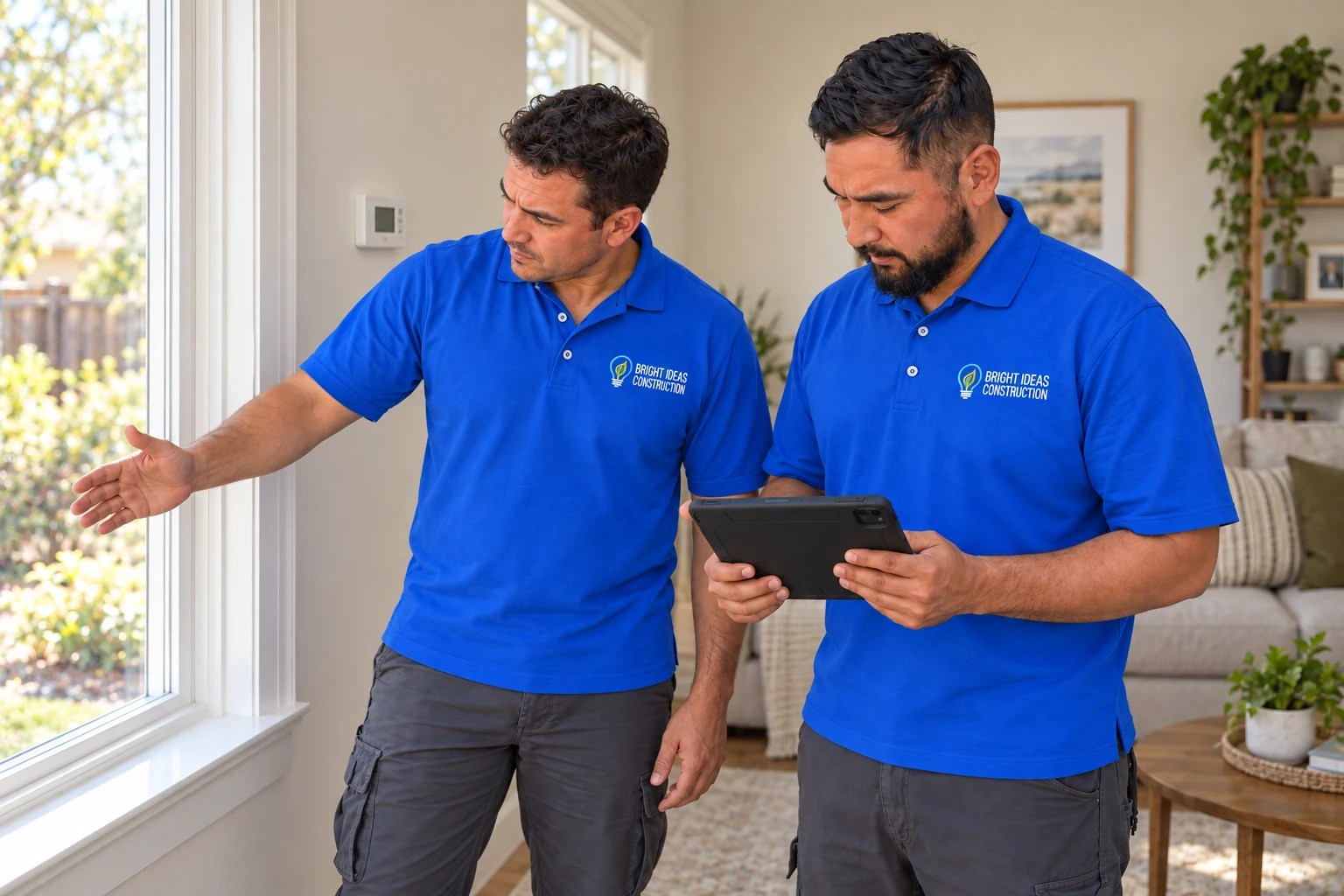 AI-generated illustration of two fictional workers reviewing a window and tablet