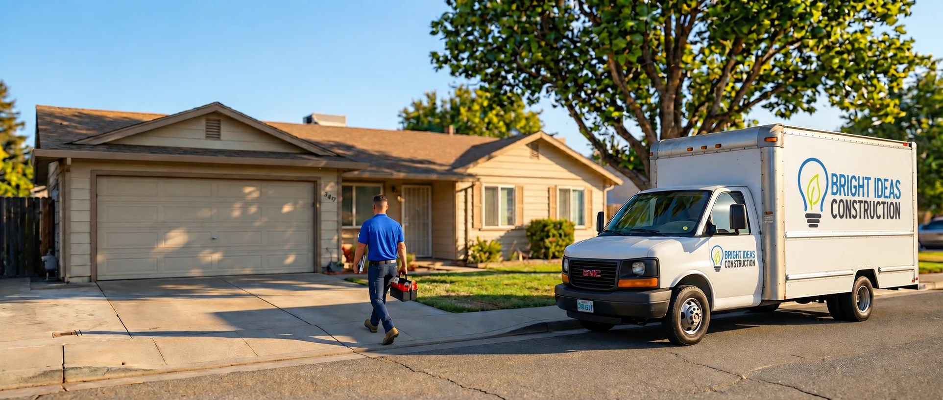 Illustration of a worker approaching a home beside a Bright Ideas service truck